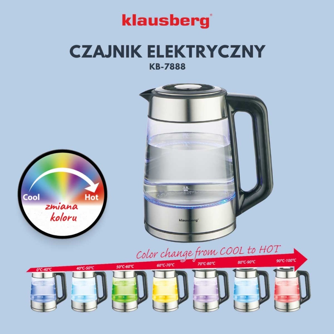 CZAJNIK ELEKTRYCZNY SZKLANY 1,7L KLAUSBERG KB-7888 LED RGB